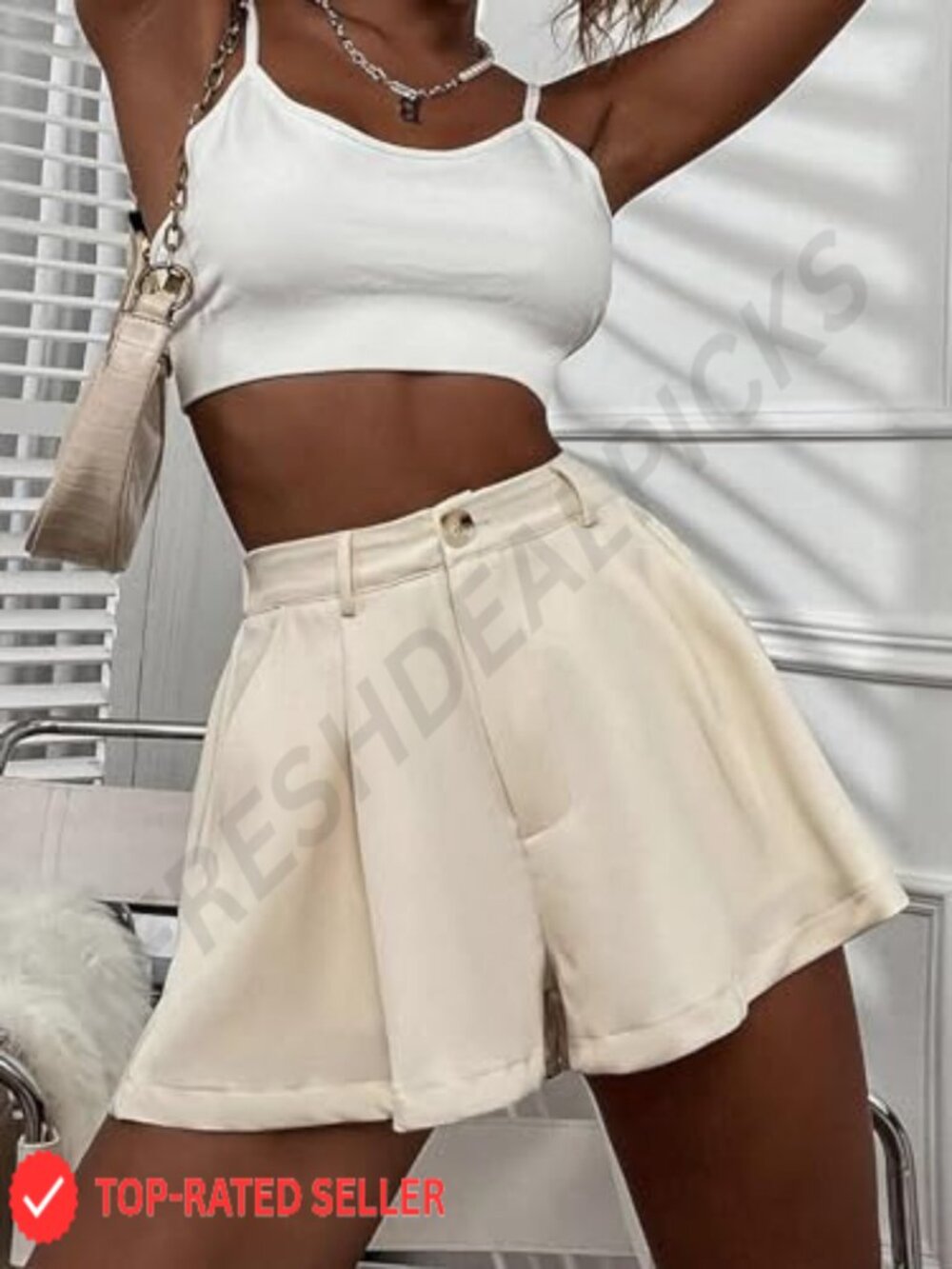 Elastic High Waisted Wide Leg Pleated Flowy Casual Shorts with Pockets - Picture 4 of 6